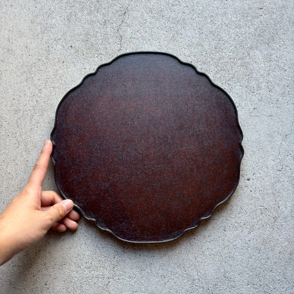 輪花トレー　縁 茶 L　和紙貼【10】