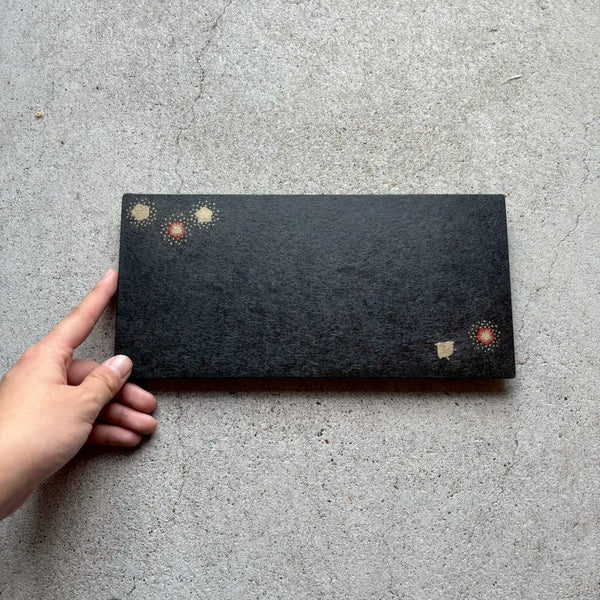 トレー　上絵（千鳥）黒　長皿　和紙貼【1】