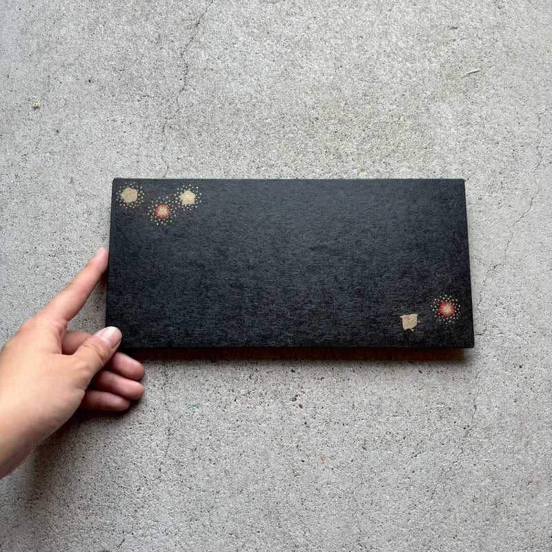 トレー　上絵（千鳥）黒　長皿　和紙貼【1】