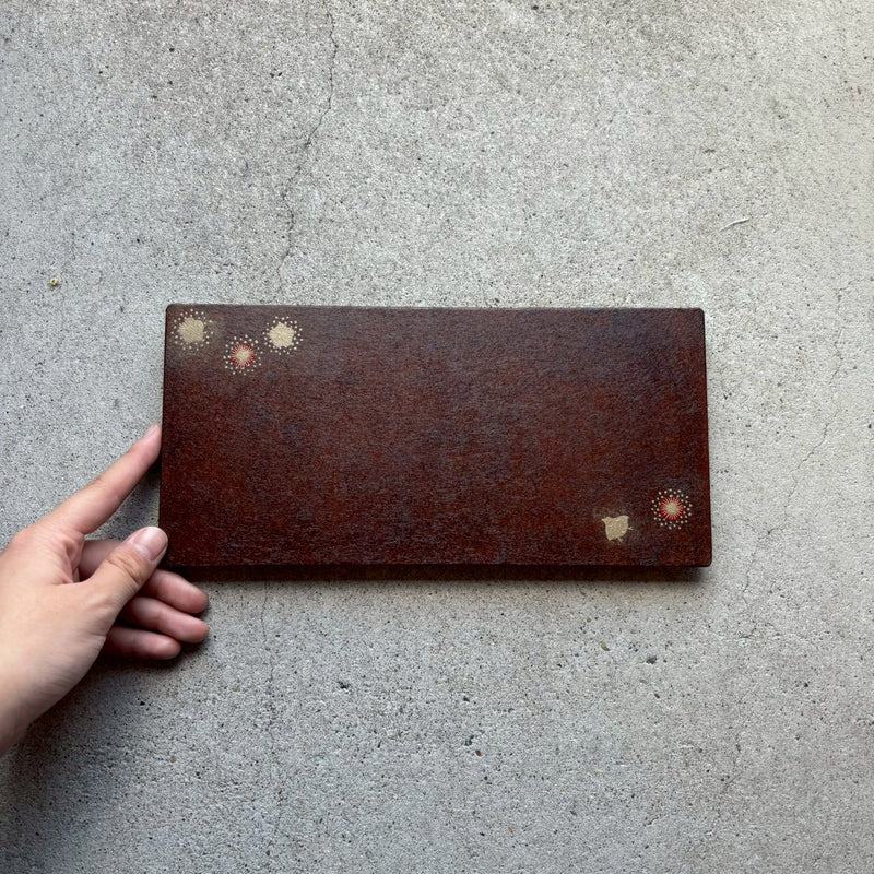 トレー　上絵（千鳥）茶　長皿　和紙貼【2】