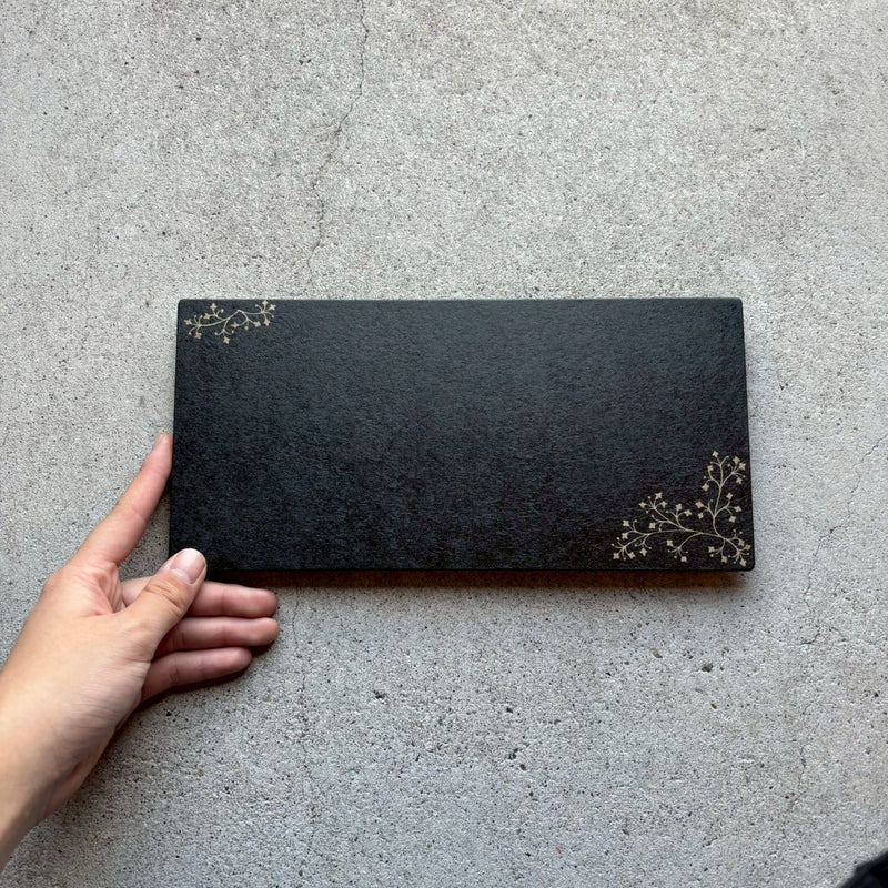 トレー　上絵（カリフラワー）黒　長皿　和紙貼【3】