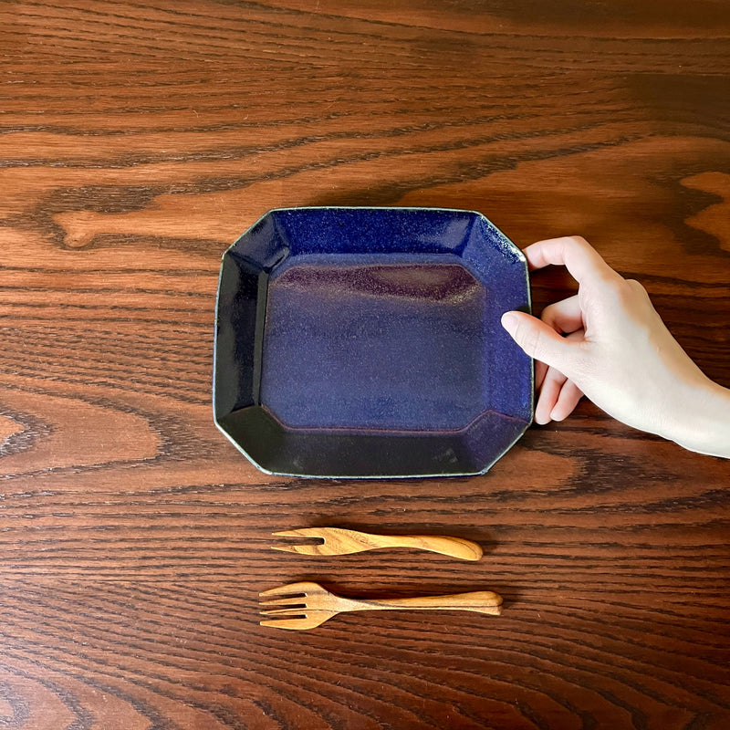 Furuya Pottery Octagonal Cake Plate Lapis Lazuli Glaze 