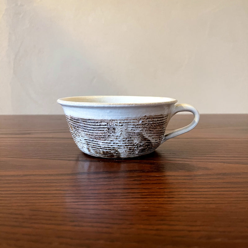 Furuya Pottery, Handled Soup Cup, Rough Rim, Horizontal Carving